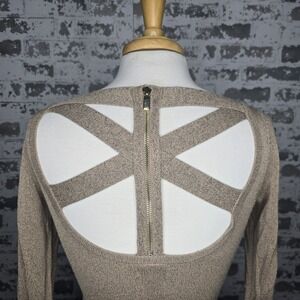 Cache Womens Cappucino Brown Criss Cross Open Back Stretch Metallic Knit Top XS